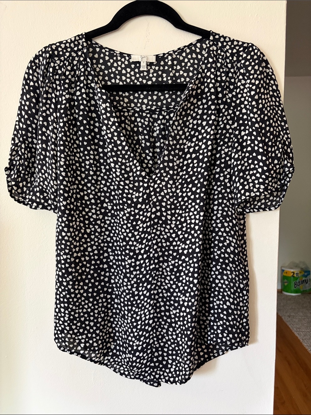 Joie Black Silk V-Neck Blouse with White Heart Print